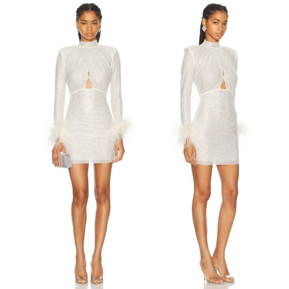 NWT Self-Portrait Embellished Mini Dress Cut-out Front Rhinestone Feather Trim